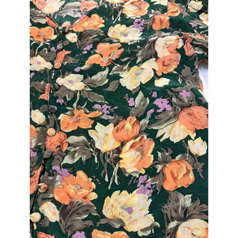 Vintage Silk‎ Floral Button Up Short Sleeve Blouse Green Orange Yellow - Picture 2 of 9